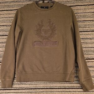BELSTAFF Olive Green Brown Front Logo Textured Cotton Sz S‎ Crewneck Sweater
